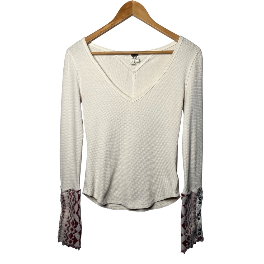 Free People We The Free Cream Waffle Knit Art School Cuff Long Sleeve Thermal - Picture 2 of 12